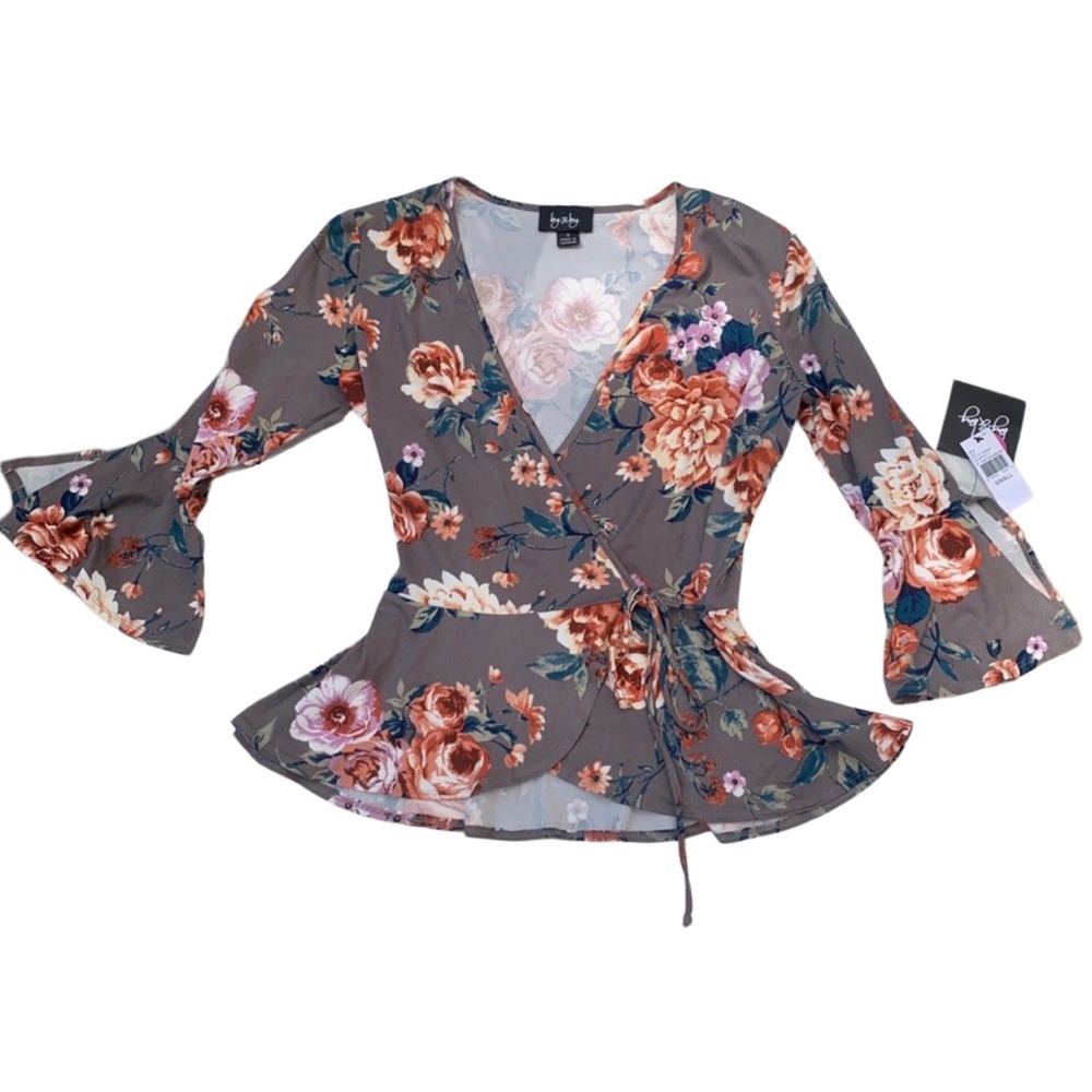 By & By Floral Faux Wrap 3/4 Sleeve Peplum Top Women’s Small NWT
